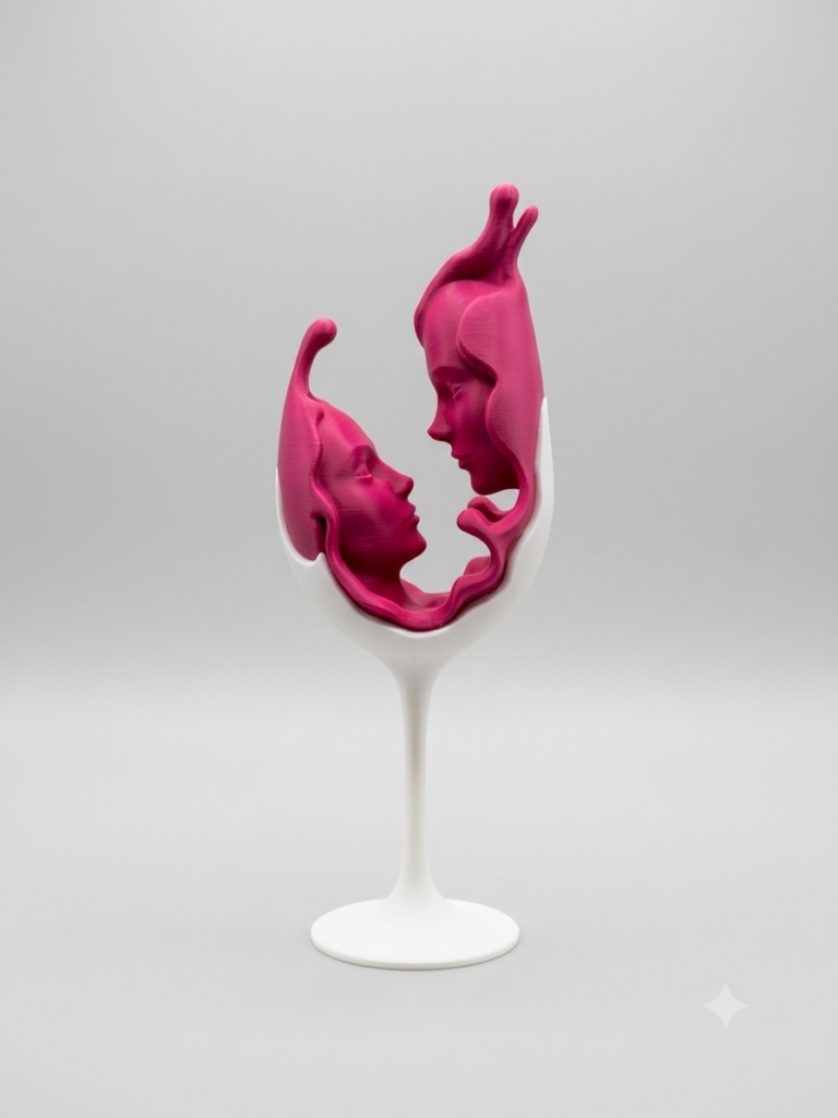 Scultura calice vino con due volti bordeaux che si guardano, stampata in 3D